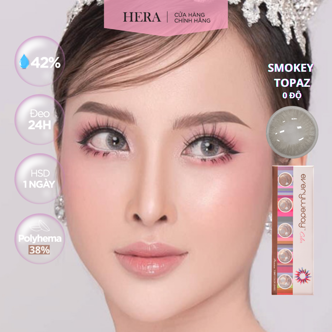 Kính Áp Tròng Hera Xám Bóng Đá Không Độ SMOKEY TOPAZ Nhập Khẩu Hàn Quốc Lens Không Cận 1 Ngày