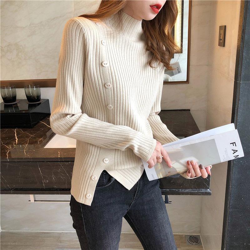 MS998 Áo len nữ cao cổ đính cúc xẻ sườn siêu mềm mịn