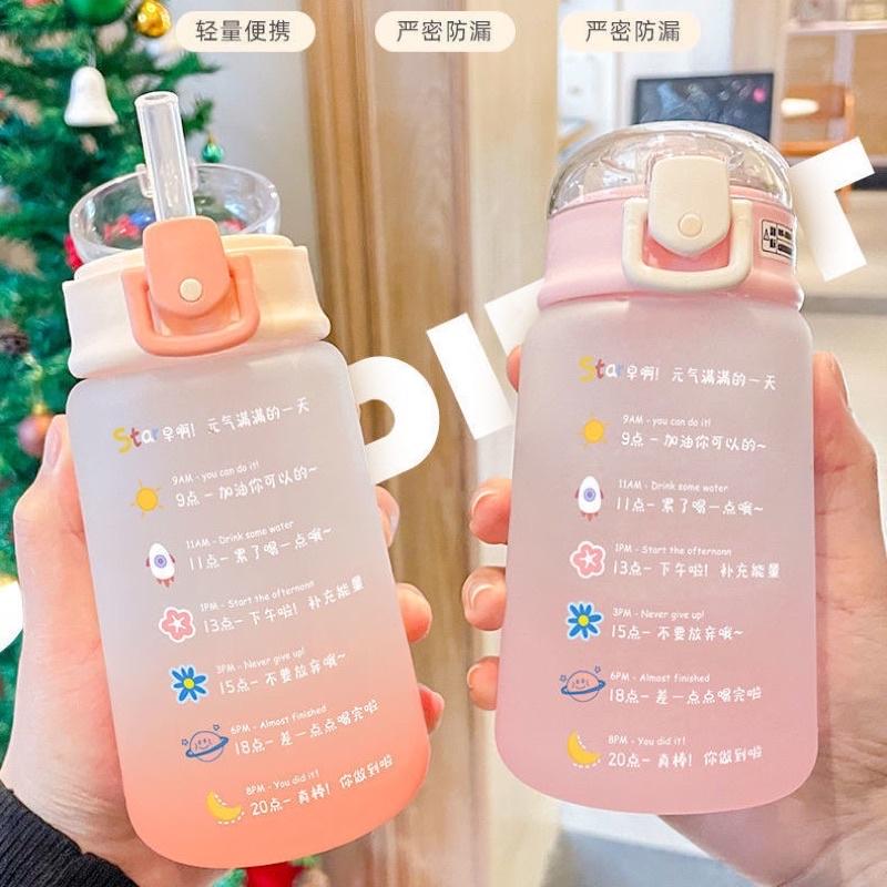 Bình đựng nước cute màu PASTEL phong cách Hàn Quốc cho nữ kèm ống hút có vạch báo giờ uống nước 460ml mang theo tiện lợi
