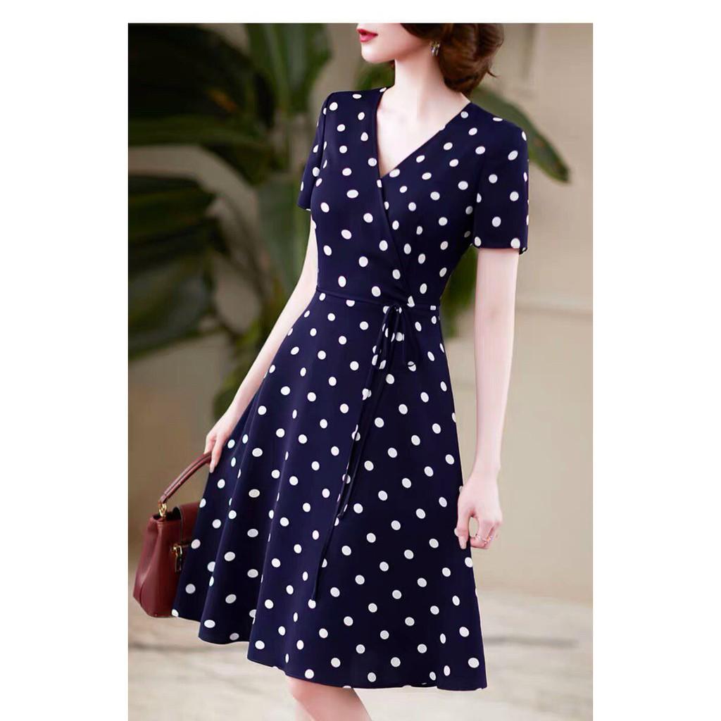 Đầm Chấm Bi Xòe Cổ V, đầm xòe, đầm xòe họa tiết, đầm xinh, đầm đẹp