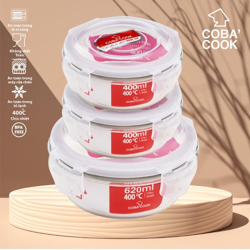 Bộ hộp thủy tinh trữ thực phẩm chịu nhiệt 1 hộp tròn 620ml 2 hộp tròn 400ml COBA'COOK-CCR6R43