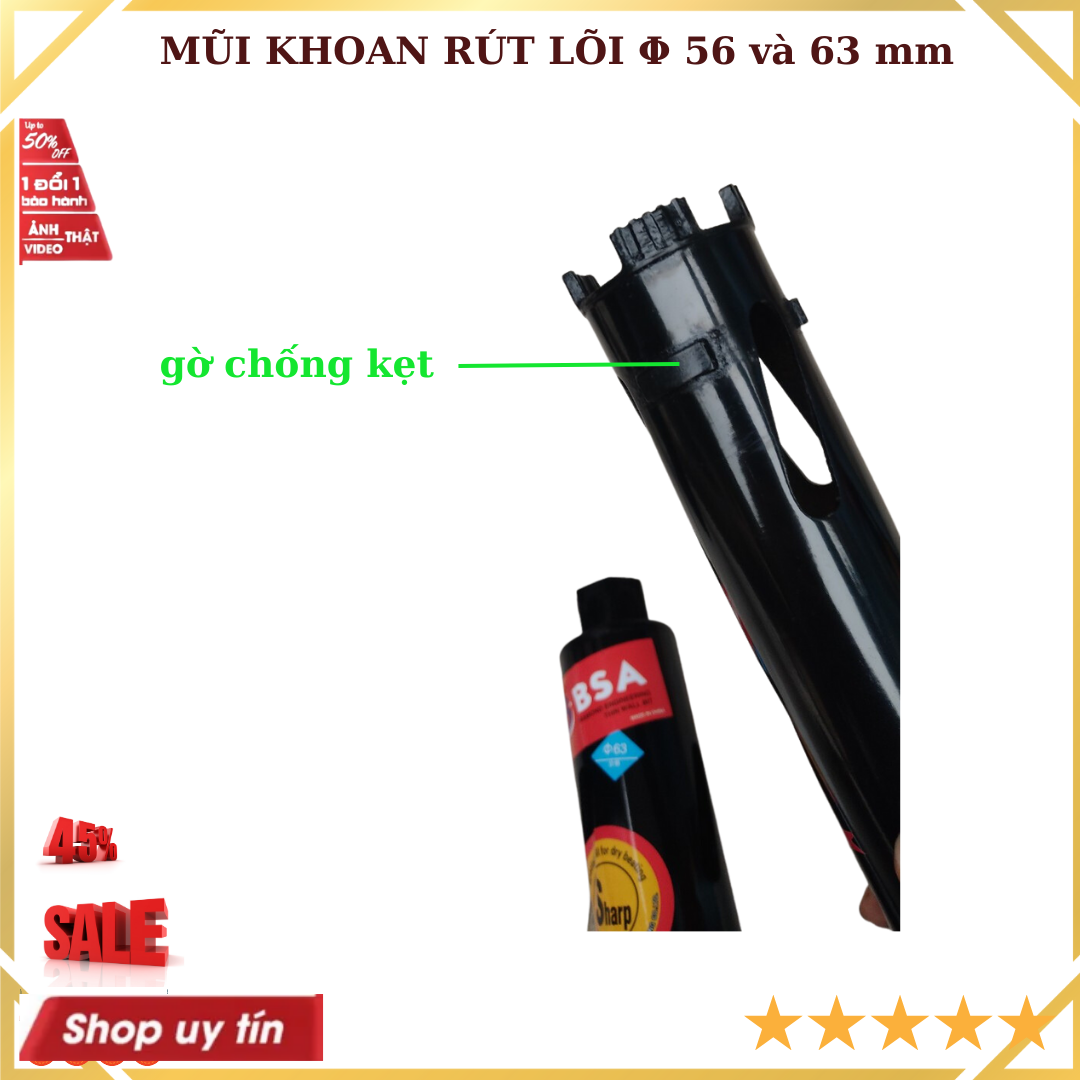 Mũi khoan rút lõi có gờ chống kẹt Φ 56 và 63 mm BSA lõi kim cương nhân tạo nhập khẩu cao cấp giá 1 chiếc