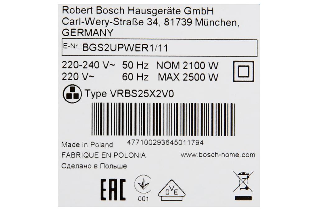 Máy Hút Bụi Bosch HMH.BGS2UPWER1, Máy Hút Bụi Có Túi Cầm Tay, Công Suất 2500W, Nhập Đức