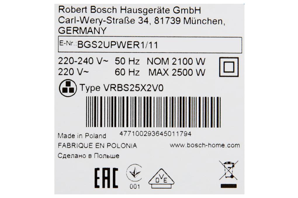 Máy Hút Bụi Bosch BGS2UPWER1, Máy Hút Bụi Có Túi Cầm Tay, Máy Hút Bụi Gia Đình, Công Suất 2500W, Nhập Đức