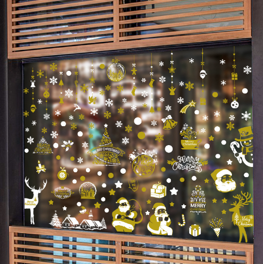 Decal trang trí Noel hít tĩnh điện - Ông già Noel và những phụ kiện trang trí ánh vàng