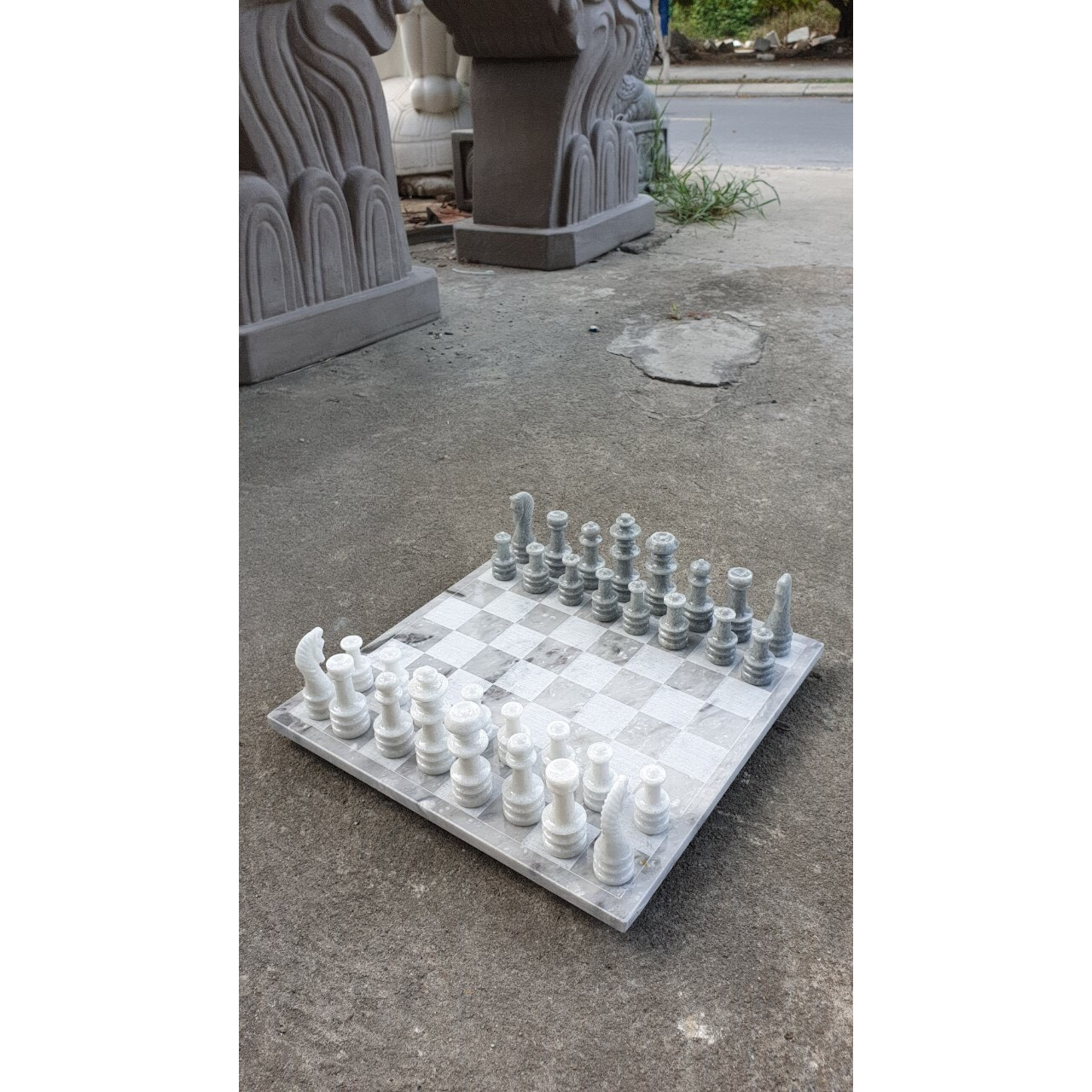 Bộ bàn cờ vua đá cẩm thạch trắng xám - Dài 30 cm