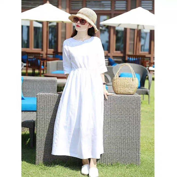 Đầm suông linen bột Premium tay lỡ chun eo ArcticHunter - Trắng
