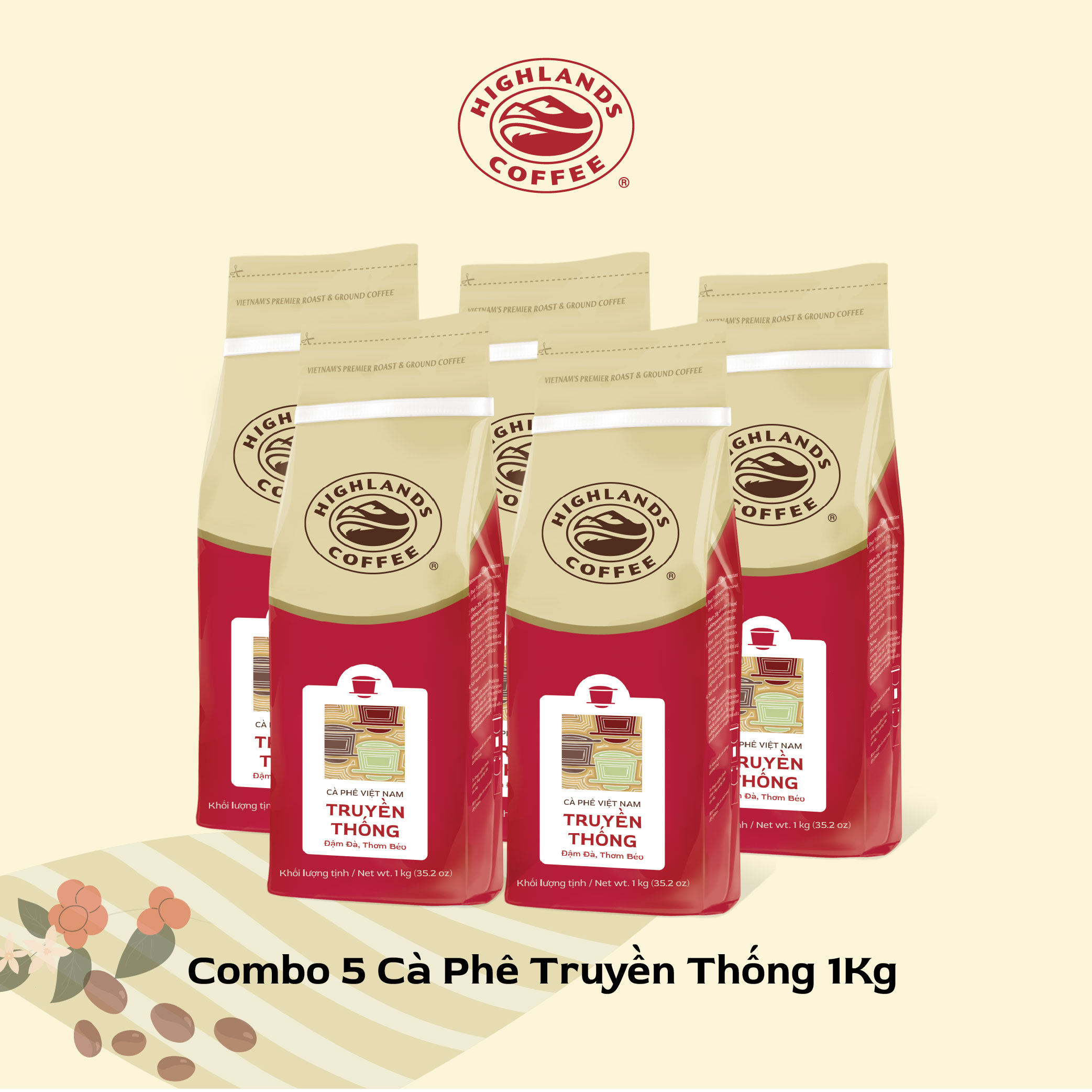 Combo 5 Túi Cà Phê Bột Truyền Thống Highlands Coffee 1Kg