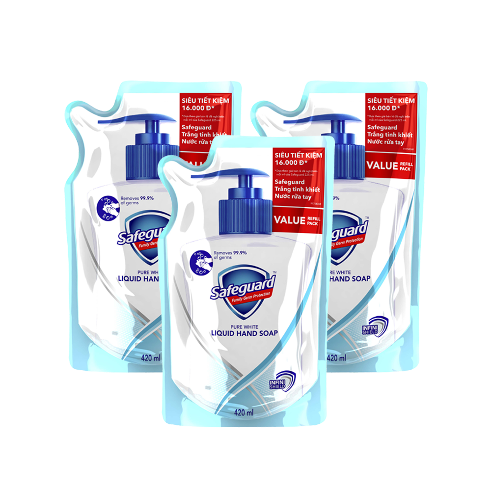 Combo 3 Túi Nước Rửa Tay SAFEGUARD Trắng Tinh Khiết 420ml x3