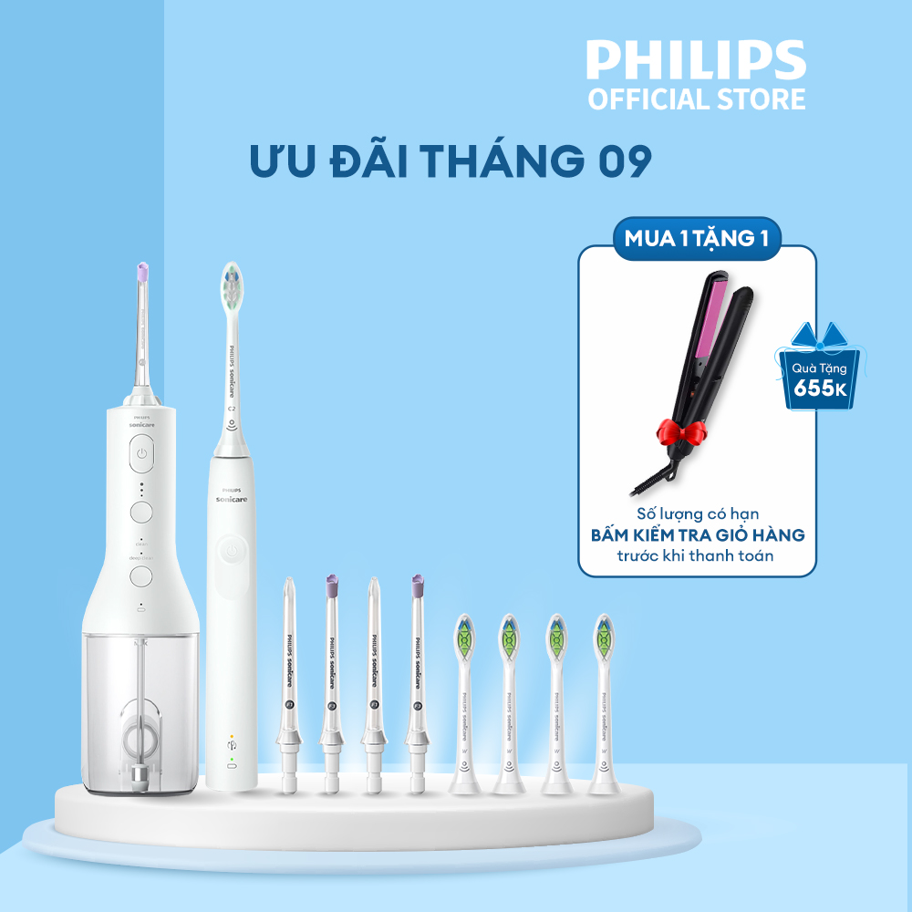 Bộ bàn chải điện Philips HX3671/23 + 4 đầu thay thế HX6064/67 + máy tăm nước HX3826 + 2 đầu thay thế HX3042 + 2 đầu thay thế HX3062
