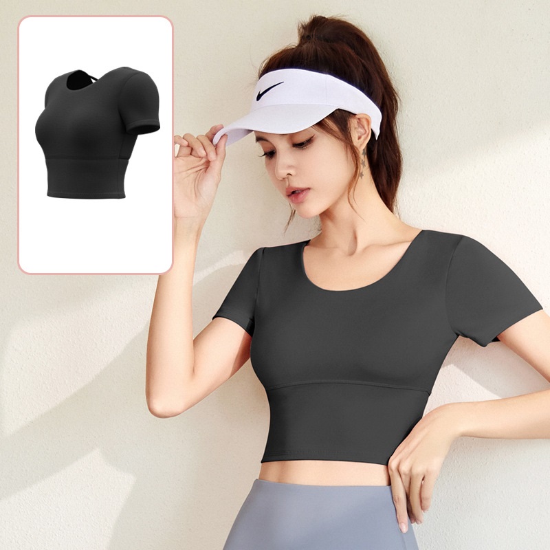 Bộ quần áo tập gym, yoga, aerobic, áo croptop ngắn tay có mút đệm và quần dài ôm body, tôn dáng