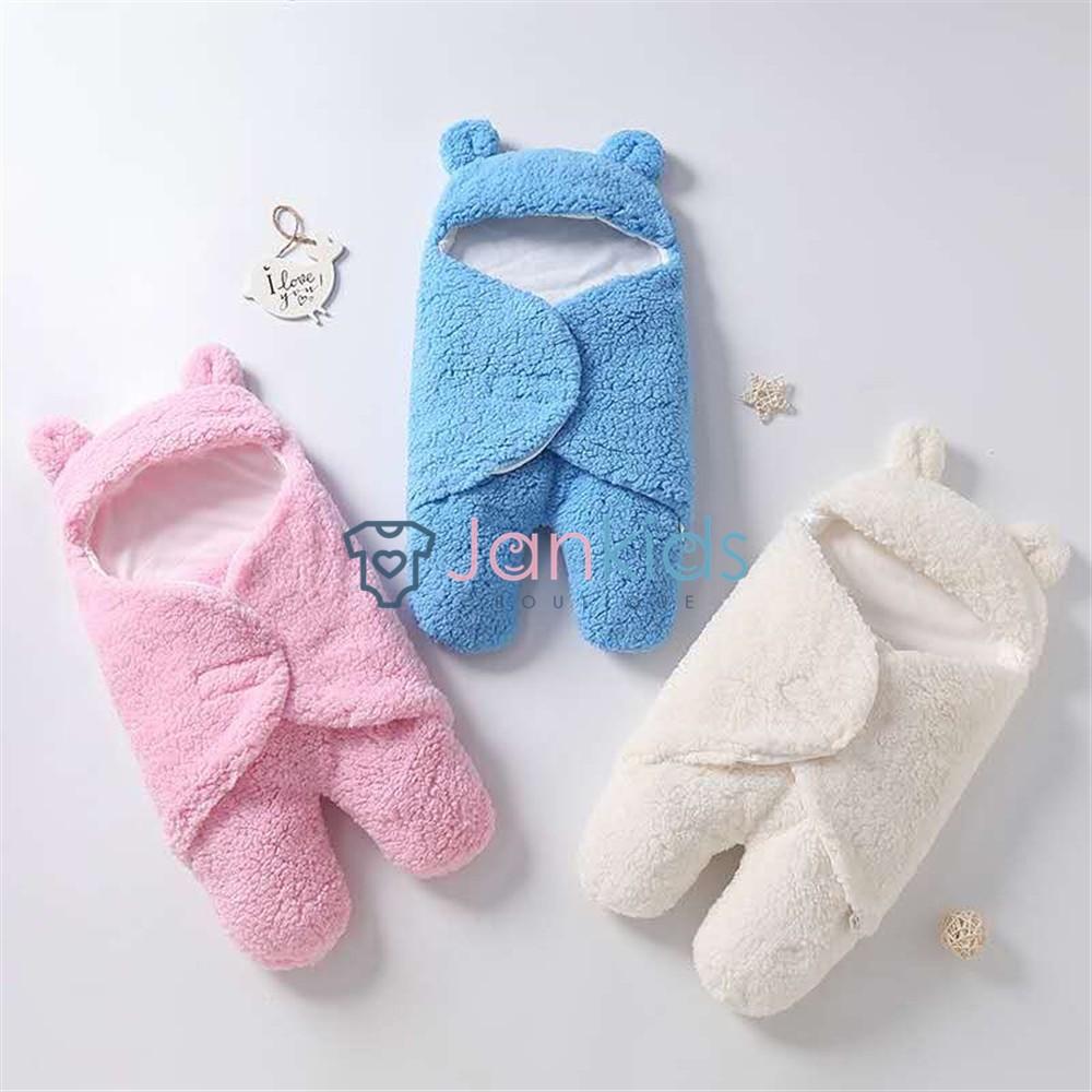 Chăn ủ sơ sinh lông cừu mềm có mũ che kín chân cho bé - hàng loại 1, dày êm ấm