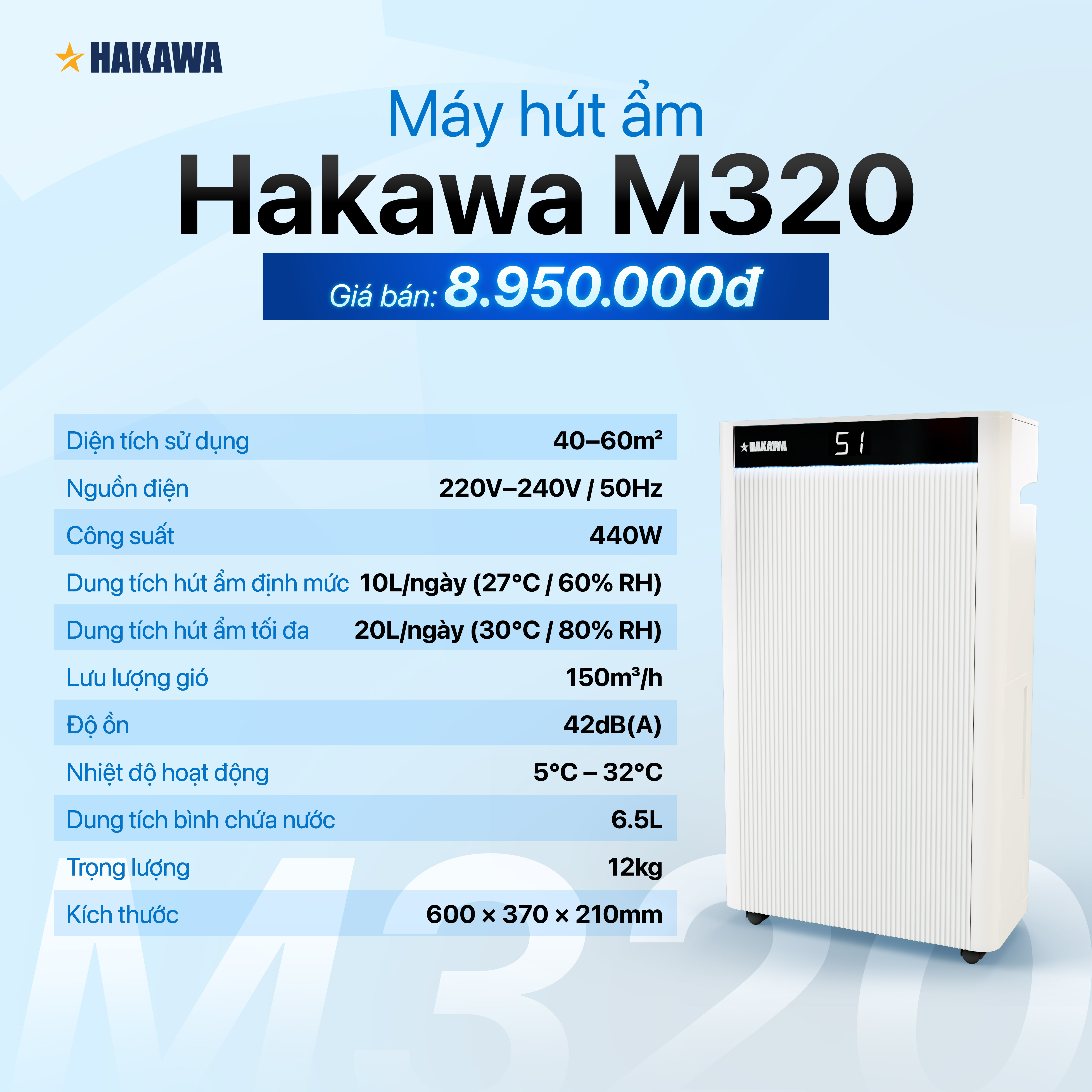 Máy hút ẩm Airdog Hakawa M320 Công Nghệ Khí Nén – Hút Nhanh, Giảm Ẩm Nồm, Dùng Cho Phòng 60m² - Hàng Chính Hãng
