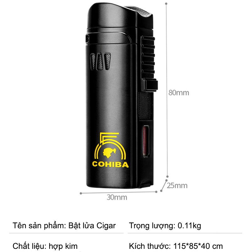 Hột Quẹt Bật Lửa Khò 3 Tia H179A Có Đục Kiêm Giá Đỡ Xì Ga - Nhiều Màu