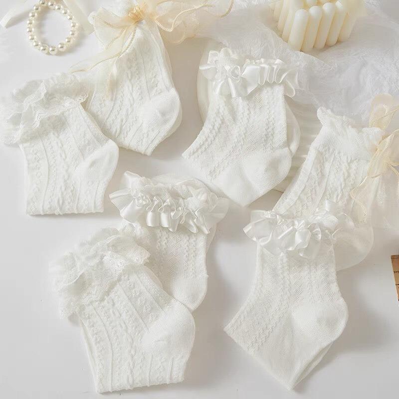 Tất, vớ cổ chân dệt kim GÂN THỔ CẨM VIỀN REN HOA ĐÍNH NƠ phong cách Lolita NhậtBản, cogiãn thoáng khí cho nữ Women