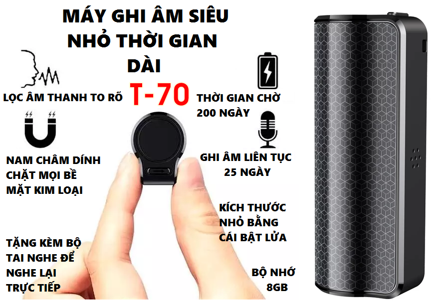 Máy ghi âm cao cấp T-70 Pin khủng ghi âm 25 ngày liên tục Bộ nhớ 8GB