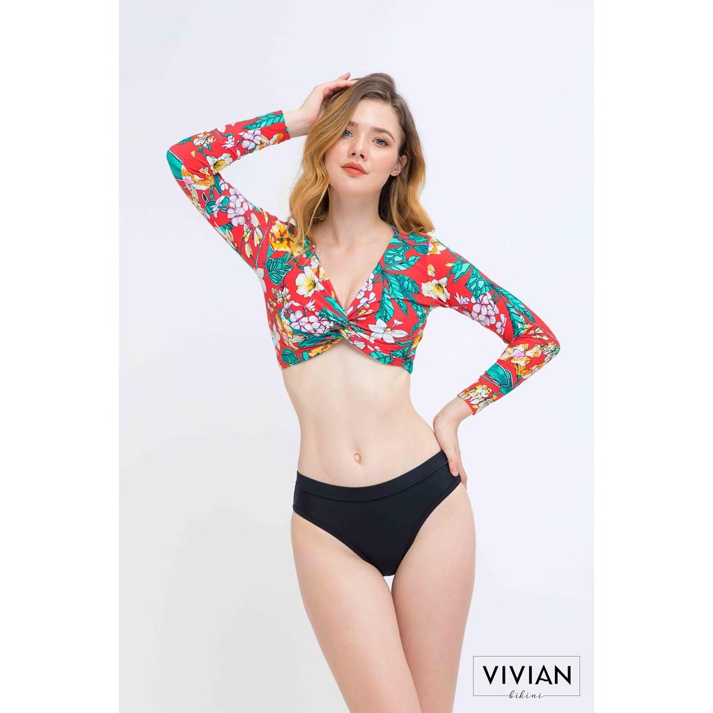 Áo bơi Nữ VIVIAN kiểu dáng tay dài cột V nhún- màu Đỏ - VS074_RD