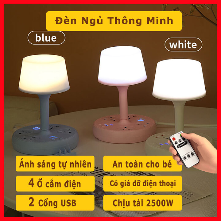 Ổ cắm điện đa năng chống giật có 2 cổng sạc nhanh USB chịu tại 2500W, 4 ổ cắm điện cao cấp kiêm đèn ngủ thông minh 3 chế độ sáng, tặng kèm điều khiển từ xa