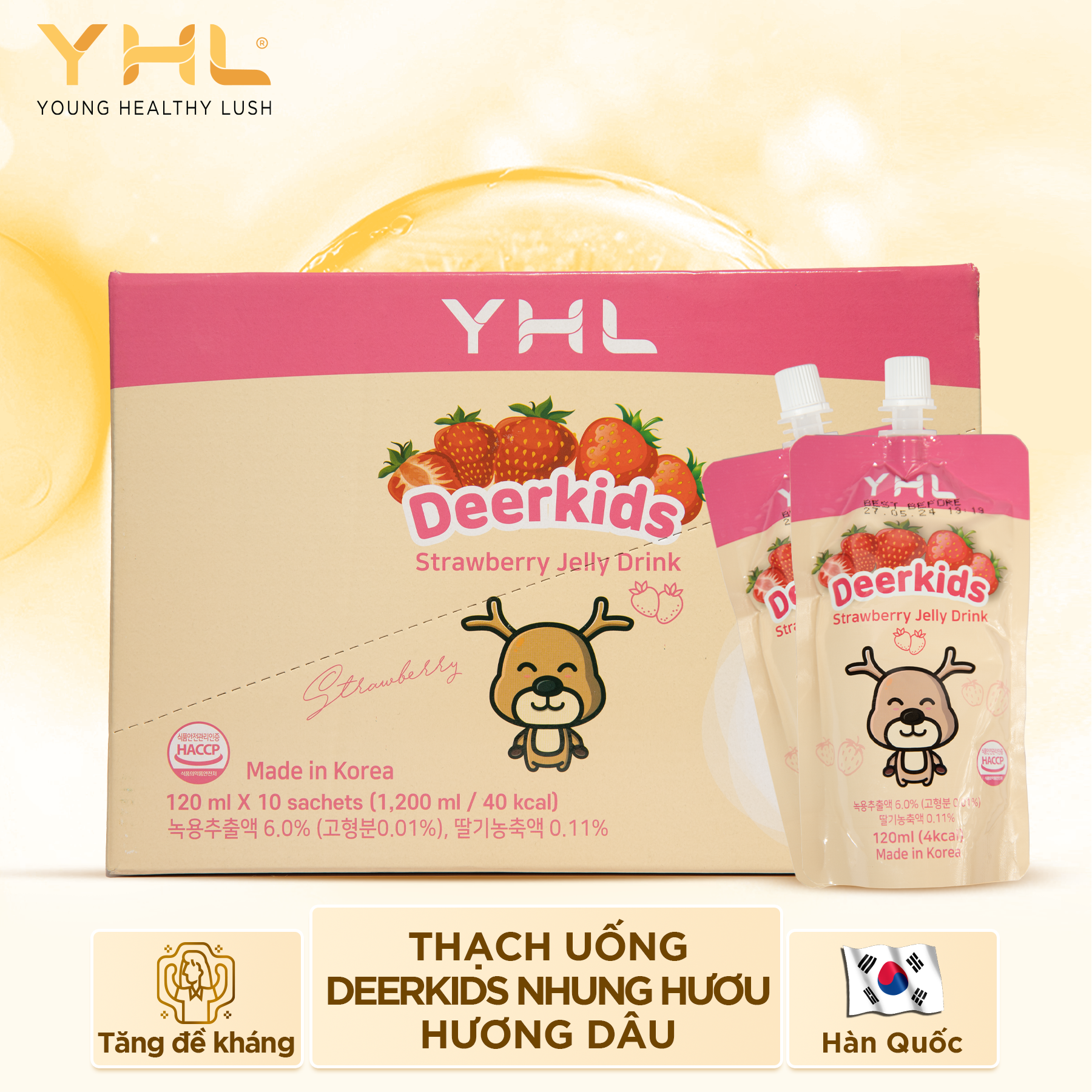 Thạch uống Deerkids nhung hươu hương dâu YHL 10 gói Hàn Quốc