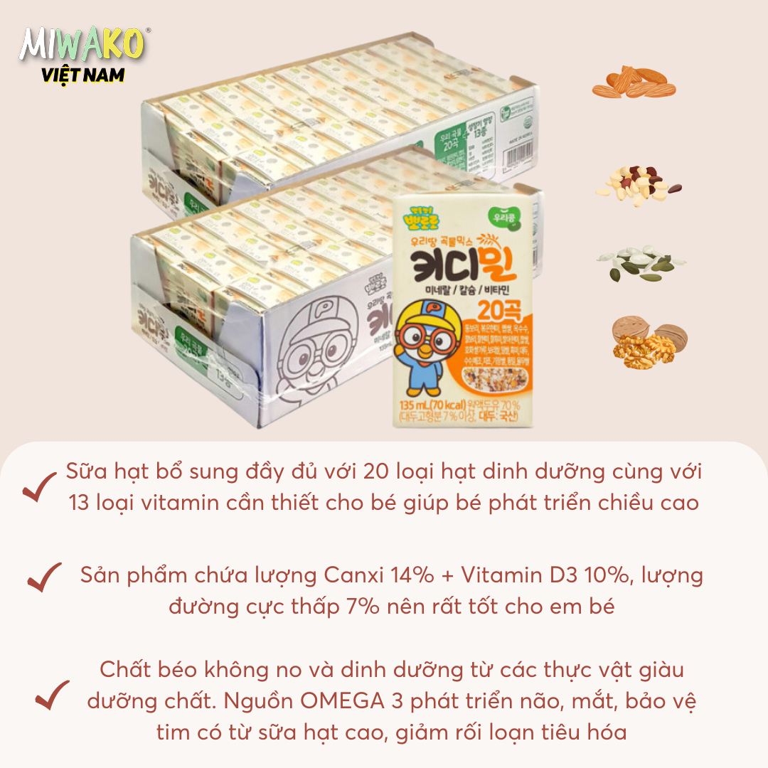 (Date 2026) Thùng 24 Hộp Sữa Hạt Pororo Hàn Quốc Pha Sẵn Dung Tích 135ml/ Hộp Cho Bé