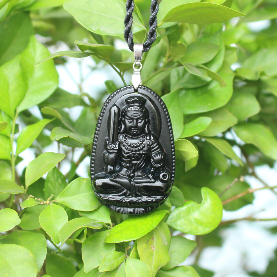 Mặt dây chuyền Phật bản mệnh tuổi Dậu, Đá Núi Lửa Obsidian, Phật Bất Động Minh Vương, Cỡ nhỏ, AKO3