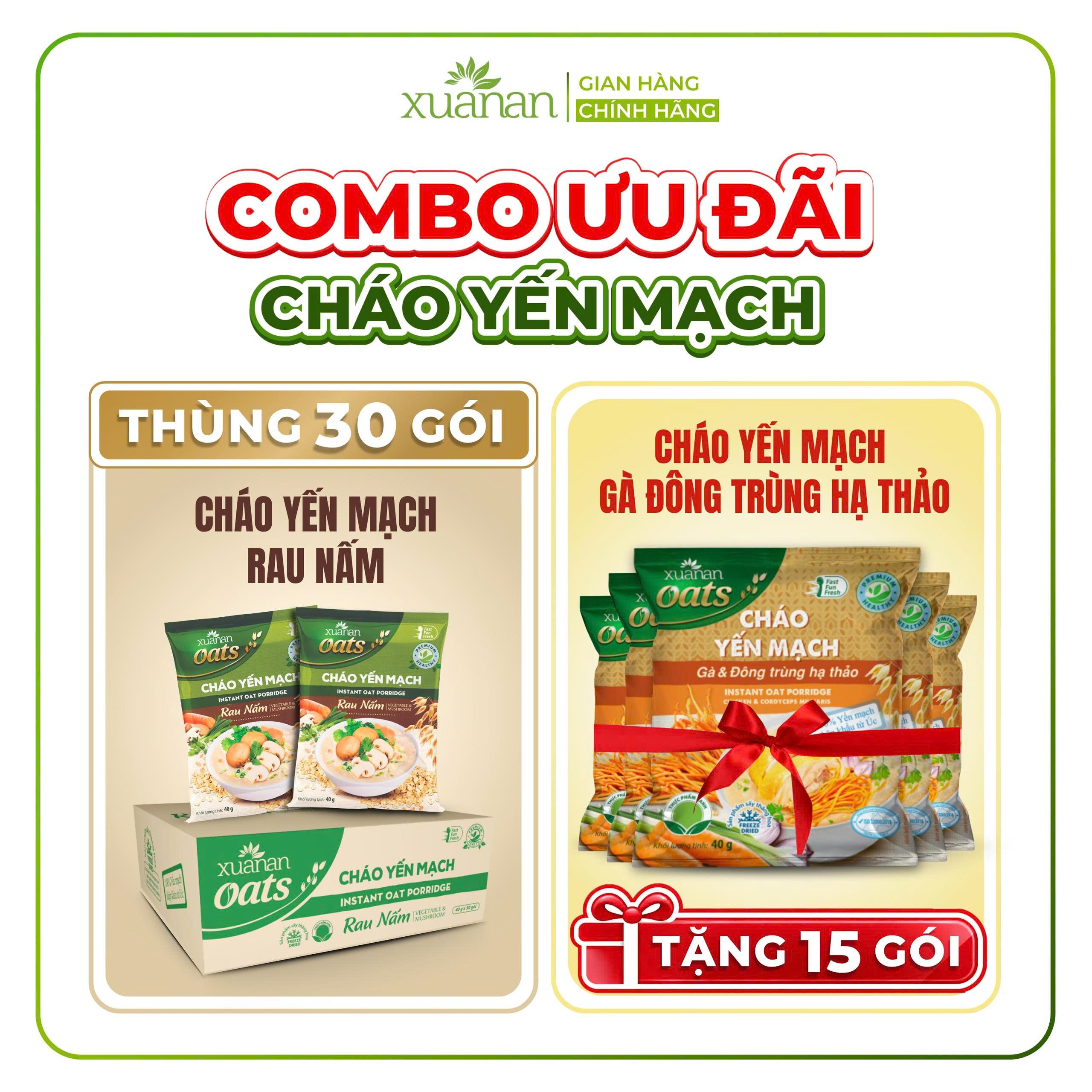 Thùng 30 Gói Cháo Yến Mạch Rau Nấm Gói 40G chay dùng được Tặng Kèm 15 Gói Cháo Gà Đông Trùng Hạ Thảo