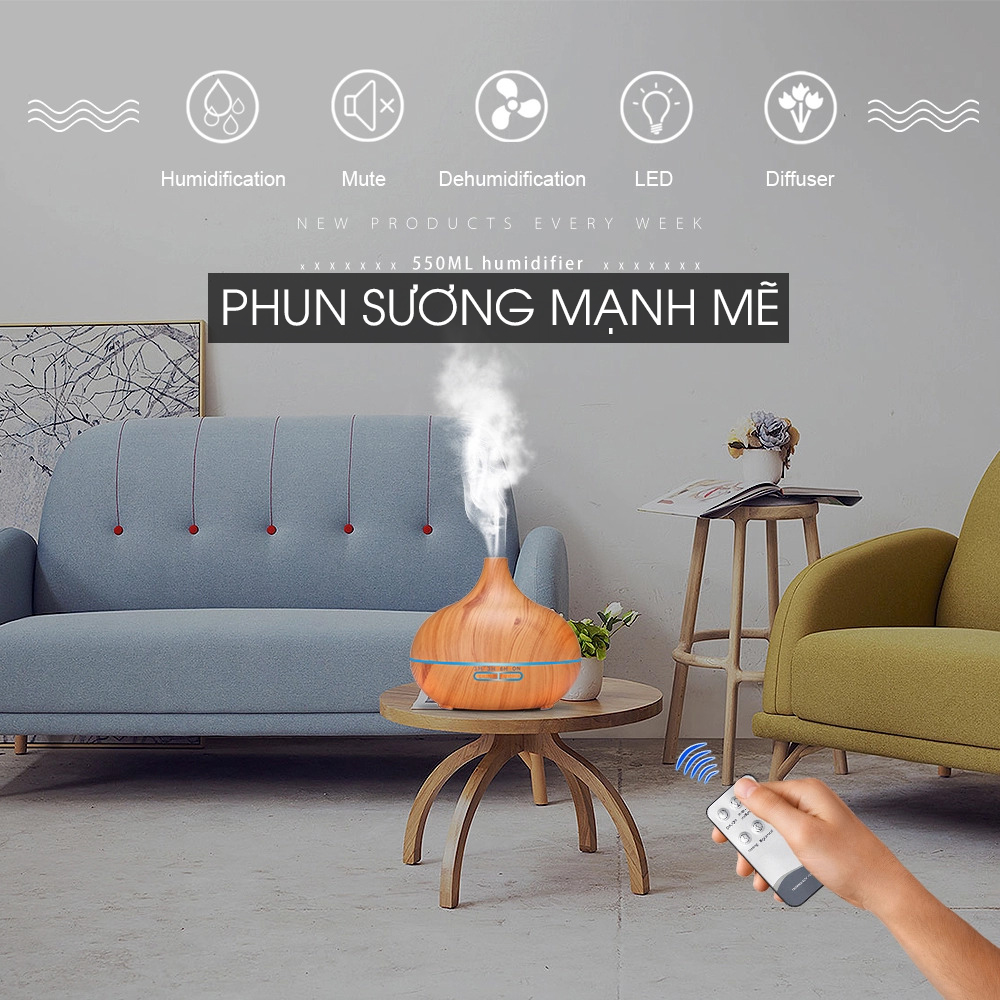 Máy khuếch tán tinh dầu giọt nước lớn gỗ vàng Kobi FX2022 + tinh dầu sả chanh + tinh dầu cam ngọt Kobi (10ml x2)