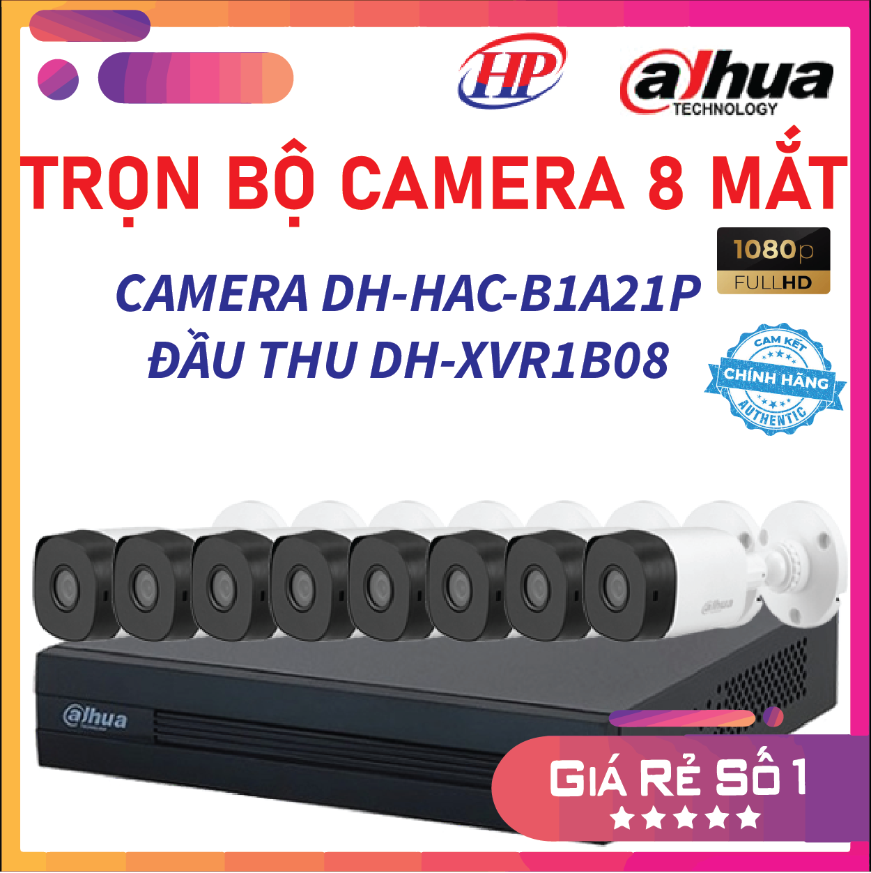 Trọn bộ 8 camera DH-HAC-B1A21P Đầu thu 4 cổng XVR1B08 đầy đủ phụ kiện, Hàng chính hãng