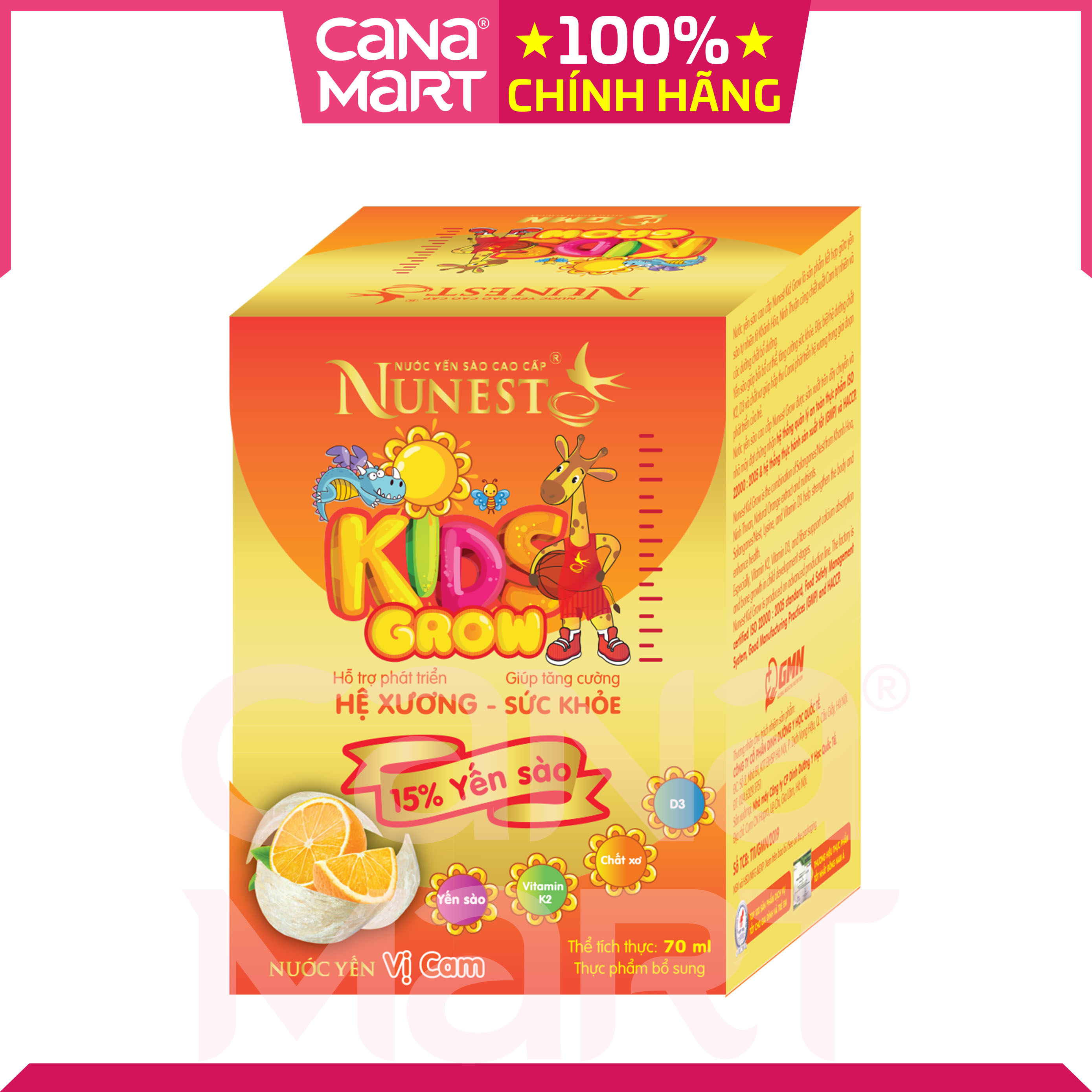 [Lốc 6 lọ x 70ml] Nước Yến sào cao cấp Nunest Kids Grow cho bé từ 2 tuổi (vị cam)