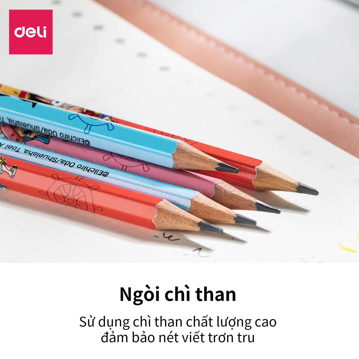 Bút chì lục giác có tẩy One Piece Deli - Bút chì gỗ - Phù hợp cho học sinh viên văn phòng ghi chú tập viết vẽ phác thảo - Loại 2B/HB - 12 chiếc/hộp - EC021