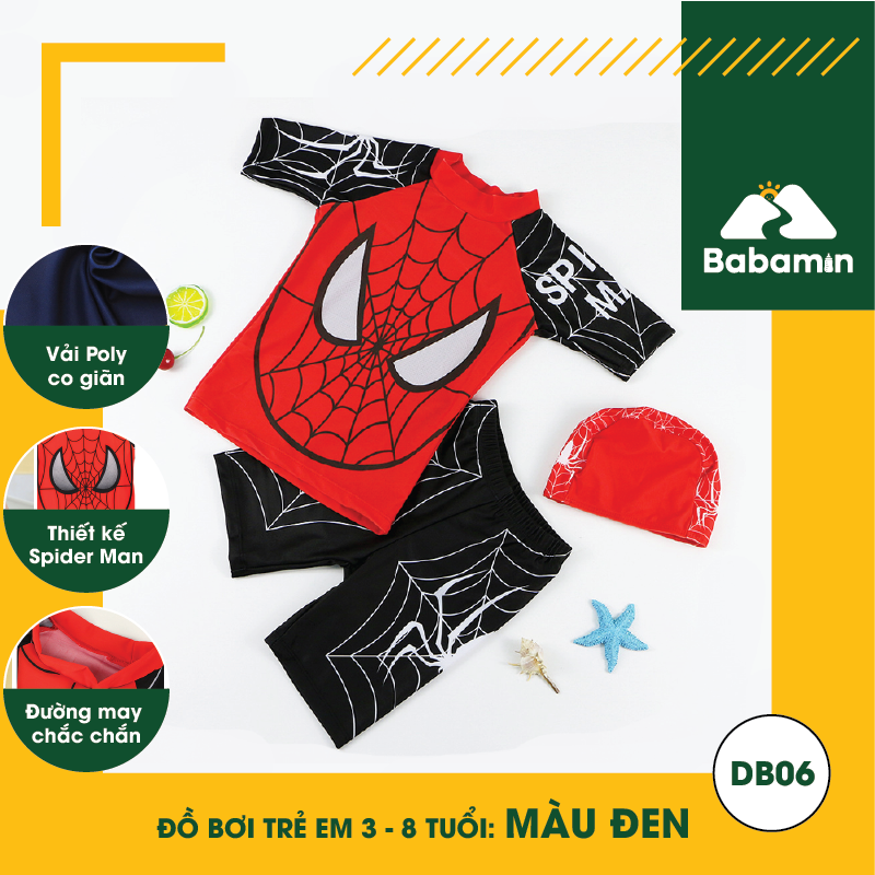 Đồ Bơi Trẻ Em Bé Trai 3 - 8 Tuổi - Babamin - Kèm Mũ - Họa Tiết Spider Man Ngộ Nghĩnh - DB06