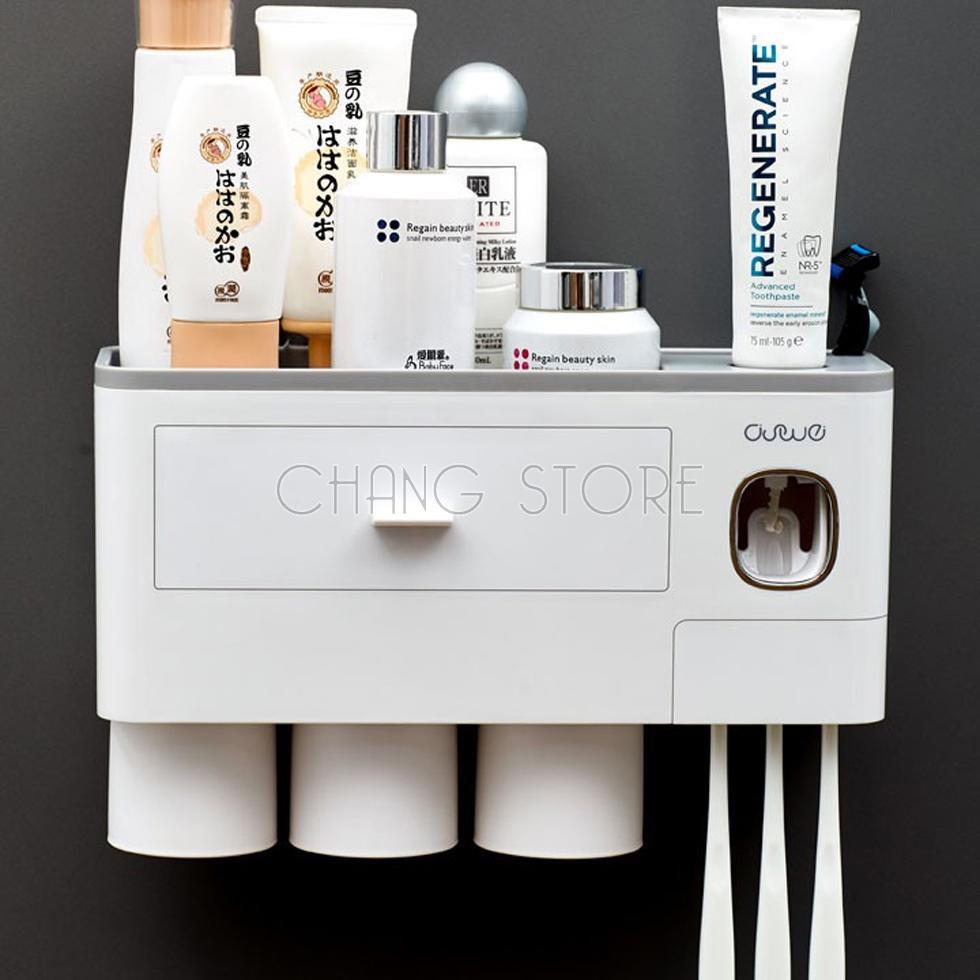 Bộ nhả kem đánh răng tự động cao cấp phân loại 2, 3, 4 cốc, Kệ để đồ nhà tắm hút chân không chắc chắn