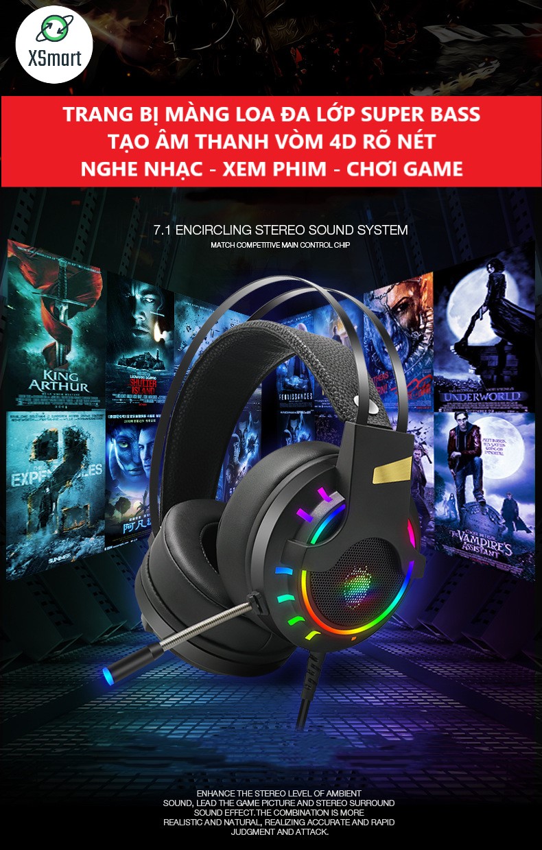 Bộ bàn phím và chuột XSmart kèm tai nghe chụp tai headphone có mic chơi game học online LED đổi màu siêu đẹp K618+V7+K3 - Hàng Chính Hãng