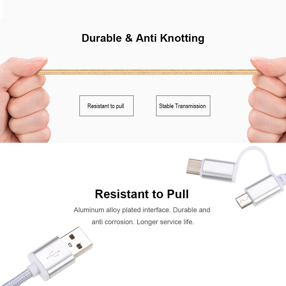 2-in-1 USB 2.0 Male to Type-C/Micro USB Nylon Braided Charge Cable Replacement For Huawei Samsung HTC Xiaomi etc. (1m,