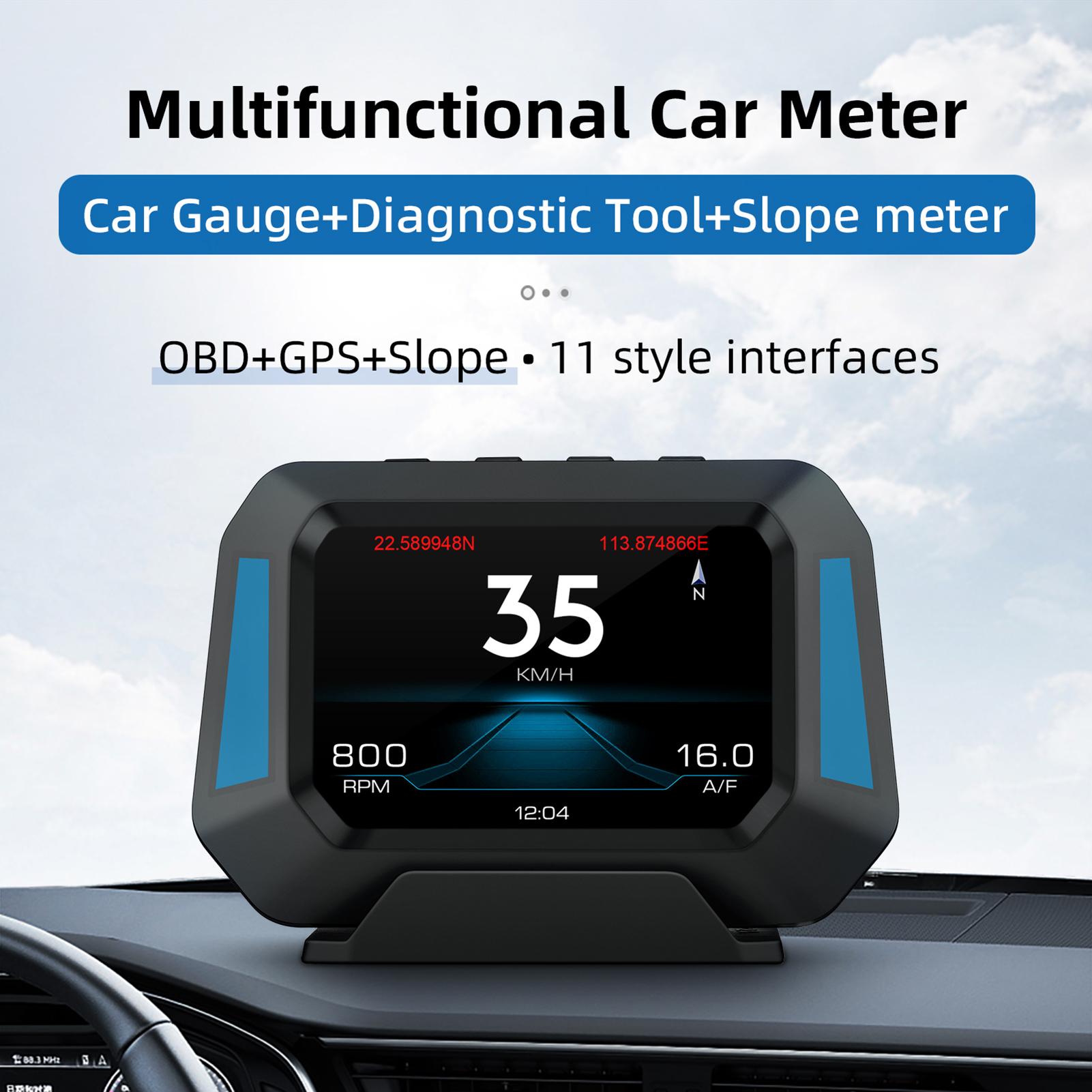 Trip Computer P21 HUD Car Gauge, OBDⅡ Diagnostic and Slope Meter Speedometer Safe Driving Computer Overspeed Alarm