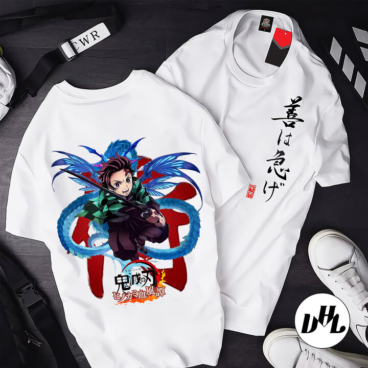 Áo thun trắng Anime, Manga Thanh g diệt quỷ Tanjiro rồng xanh, Unisex Nam Nữ có Size áo từ 25-95kg