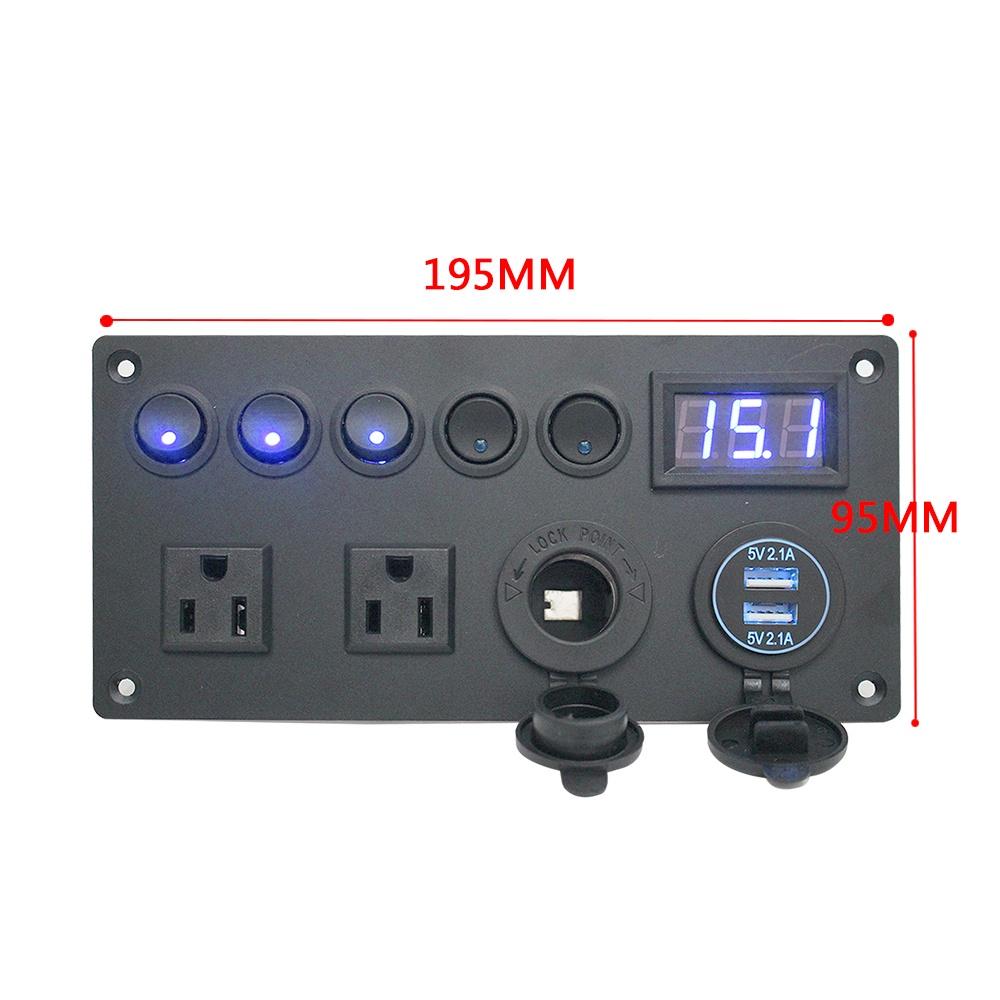Vôn kế điện áp 12V/24V phích cắm kiểu Mỹ có màn hình led kỹ thuật số + 5 công tắc lật + hai cổng USB cho xe hơi