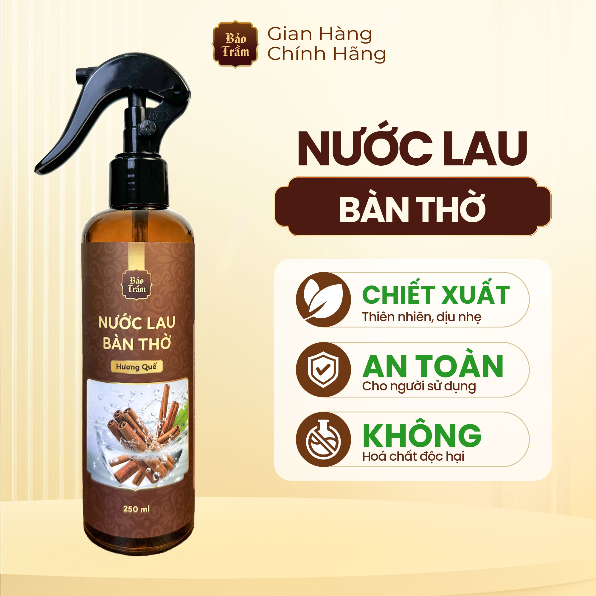 Nước lau bàn thờ hương quế nhãn nâu 250ml Bảo Trầm - Sạch gian thờ cho không gian thêm tôn nghiêm