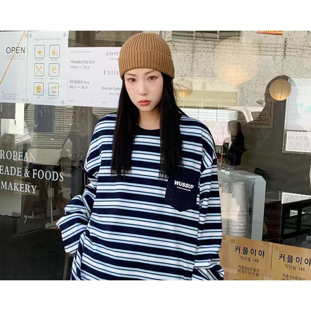 Áo dài tay kẻ ngang MEANSTORE phông Unisex nam nữ tee oversize form rộng pull Ulzzang Hàn Quốc vải mềm- Kẻ đen xanh