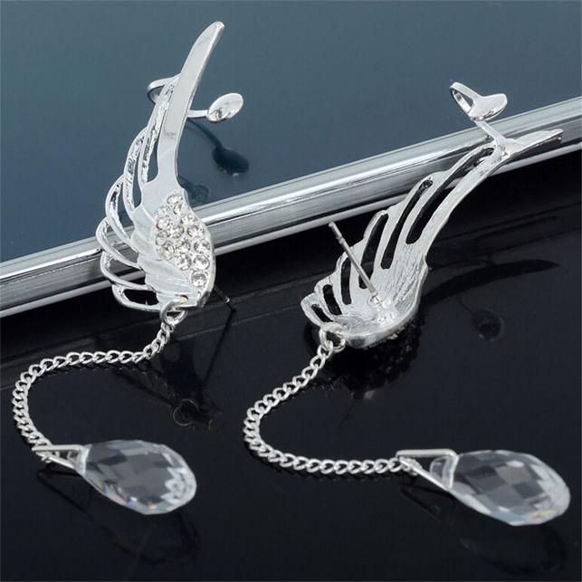 Bông tai bạc đôi cánh thiên thần thả sợi đính giọt nước