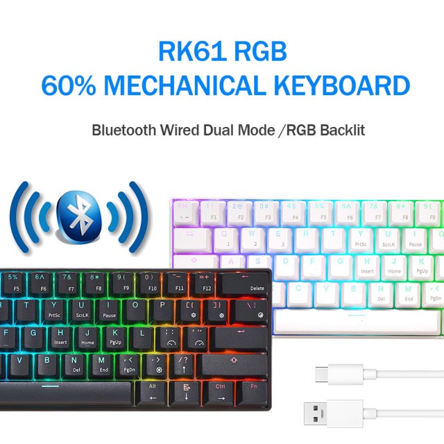 RK61 RGB HOTSWAP - Bàn phím cơ mini không dây 61 phím kết nối kết nối Dây, Bluetooth 5.1 và Wireless 2.4G - Hàng chính hãng