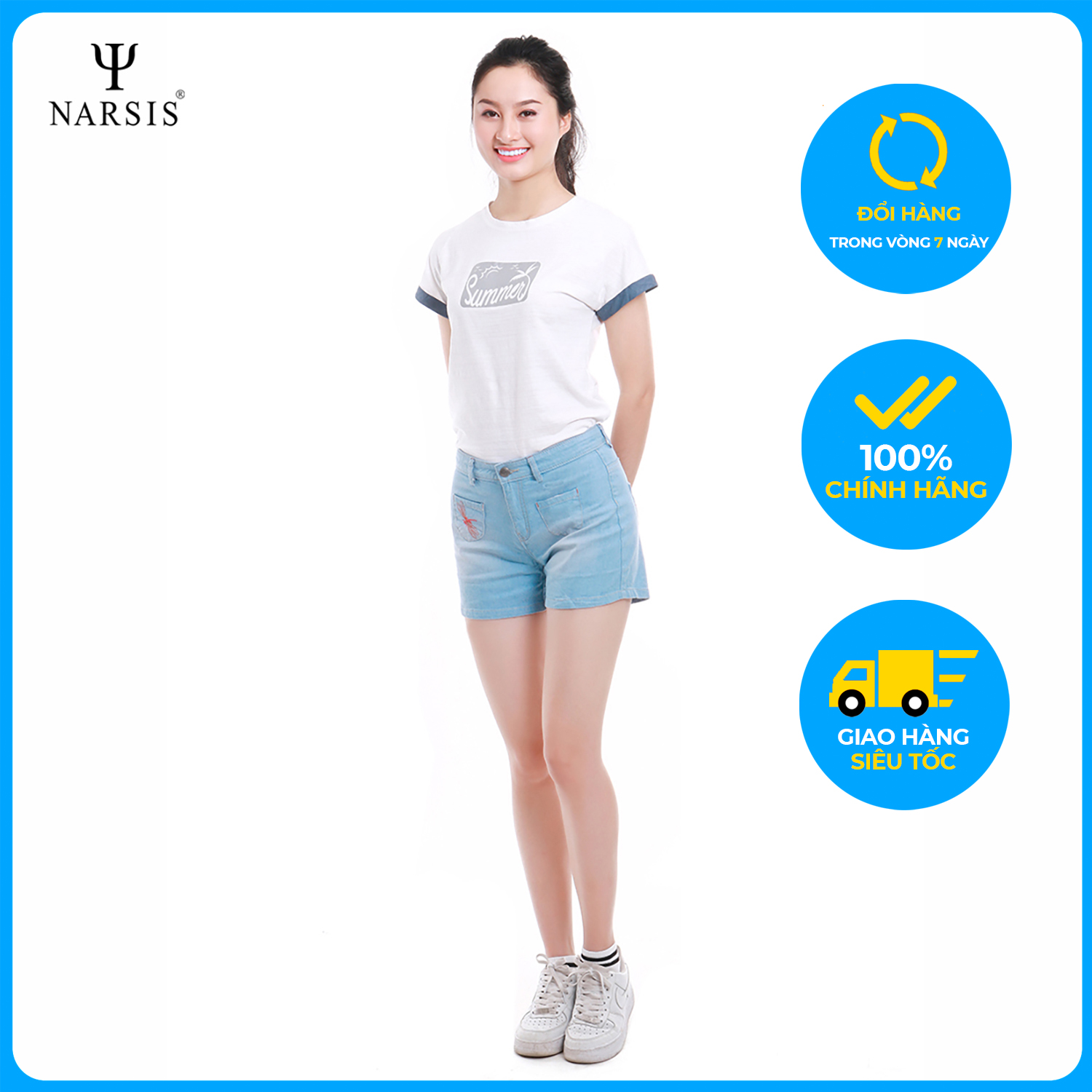 Quần Short bò nữ Narsis T7018 màu xanh  trẻ trung năng động, chất liệu  cao cấp cực mềm mại thông thoáng
