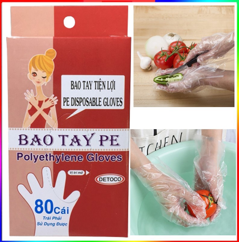 Bao tay Detoco chế biến thực phẩm, dược phẩm, phòng thí nghiệm, Y tế, nhựa PE chính phẩm 80 cái/hộp.