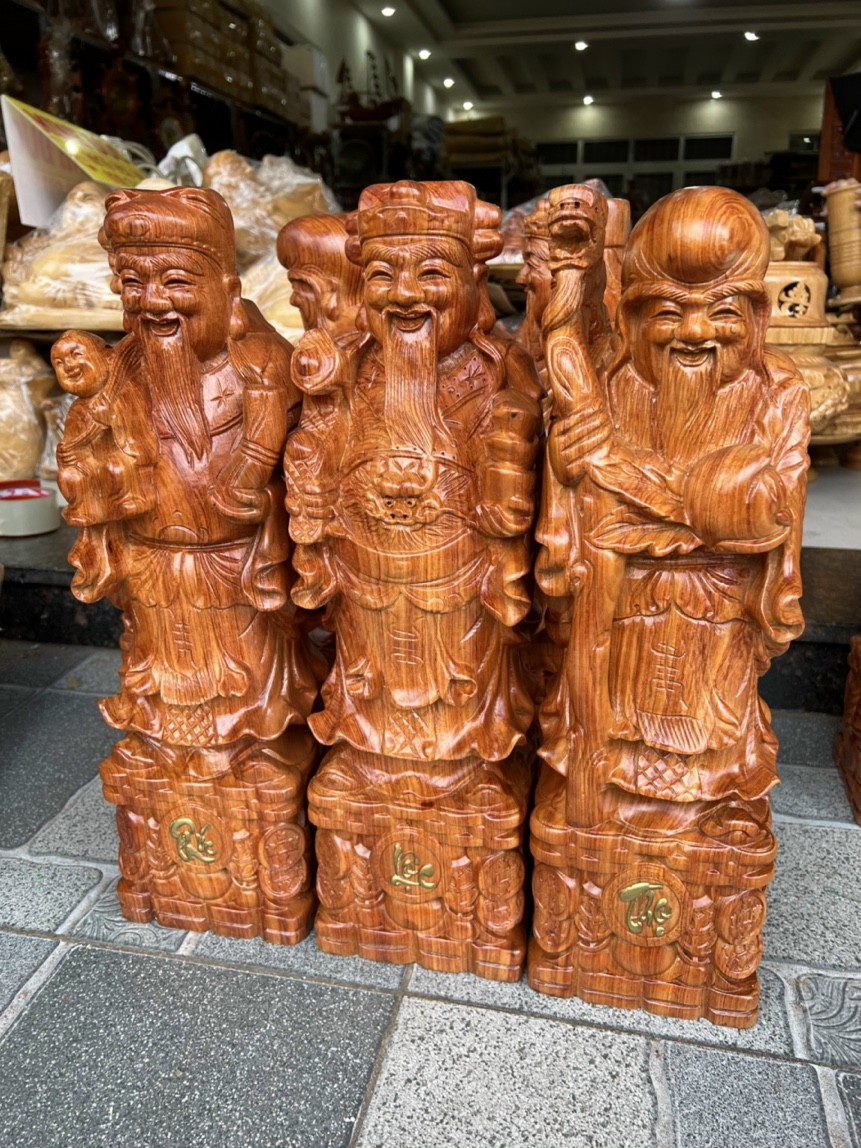 Tượng tam đa Phúc Lộc Thọ gỗ hương nguyên khối cao 50cm