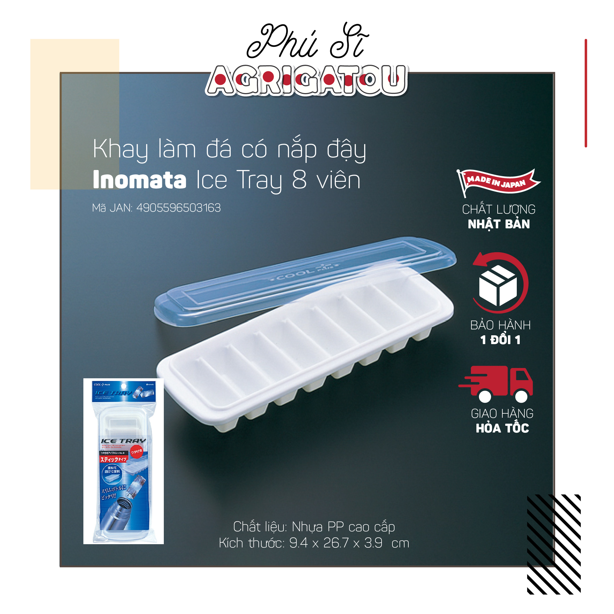 Khay làm đá có nắp đậy Inomata Ice Tray 8 viên