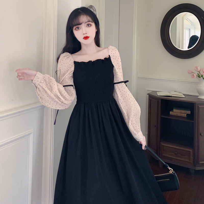 Đầm Nữ Dịu Dàng Cổ vuông xếp ly nhỏ thanh lịch đầm đen cao cấp màu trà nâu siêu cổ tích lưới khâu đầm ngọt ngào Sica19