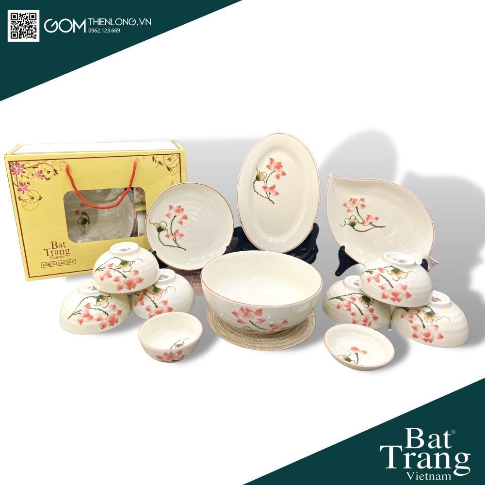 Bát Đĩa Quà Tặng Cao Cấp Sen Hồng - Bộ Bát Đĩa Bát Tràng Chính Hãng Loại 1 - Gốm Thiên Long