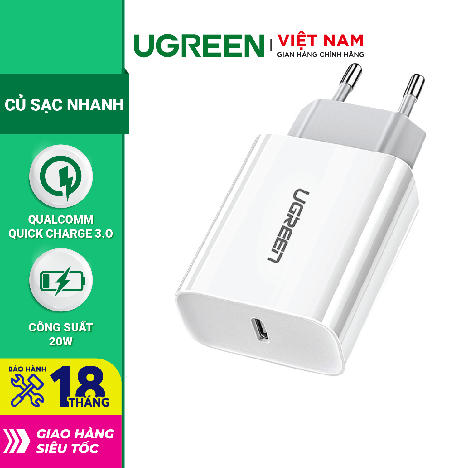 Sạc nhanh  UGREEN CD137 60450 1 cổng USB Type C hỗ trợ PD QC 4.0 3.0 tối đa 18W cho iPhone 12 / Samsung / Xiaomi- Hàng chính hãng