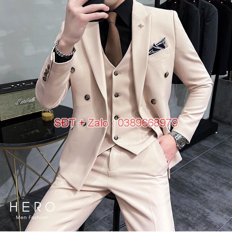 Bộ Vest Nam Cao Cấp Hàn Quốc 6 Khuy Màu Be, Bộ Suit Nam Chất Vải Sịn màu Kem