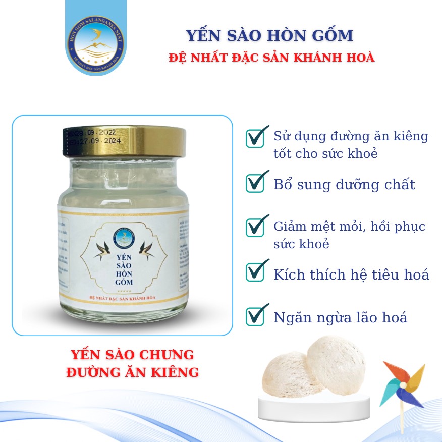Nước Yến Sào Chưng Đường Ăn Kiêng - Yến Sào Hòn Gốm Chính Hiệu Khánh Hoà - H G SALANGANES NEST